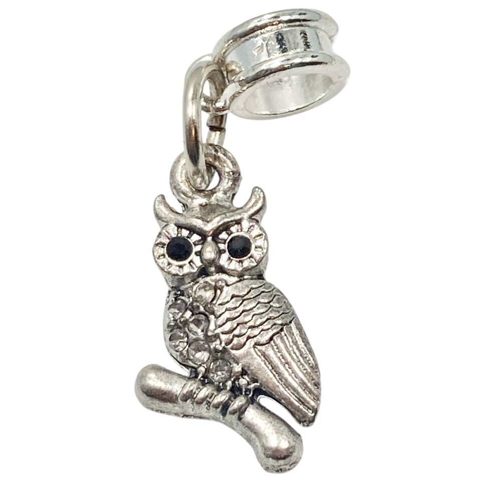 Vintage Owl European Slider Charm  Crystal Silver Tone For Bracelet Necklace